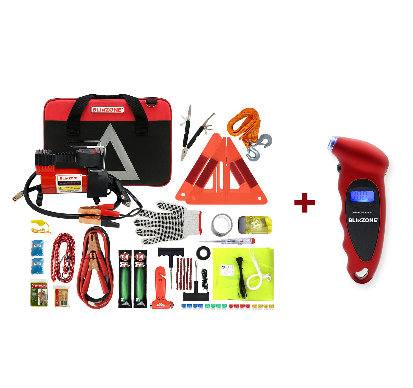 Auto Roadside Emergency Car Kit + Digital Tire Pressure Gauge